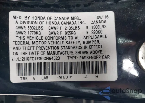 2016 Honda Civic Ex-T from USA, damaged, VIN 2HGFC1F30GH645201